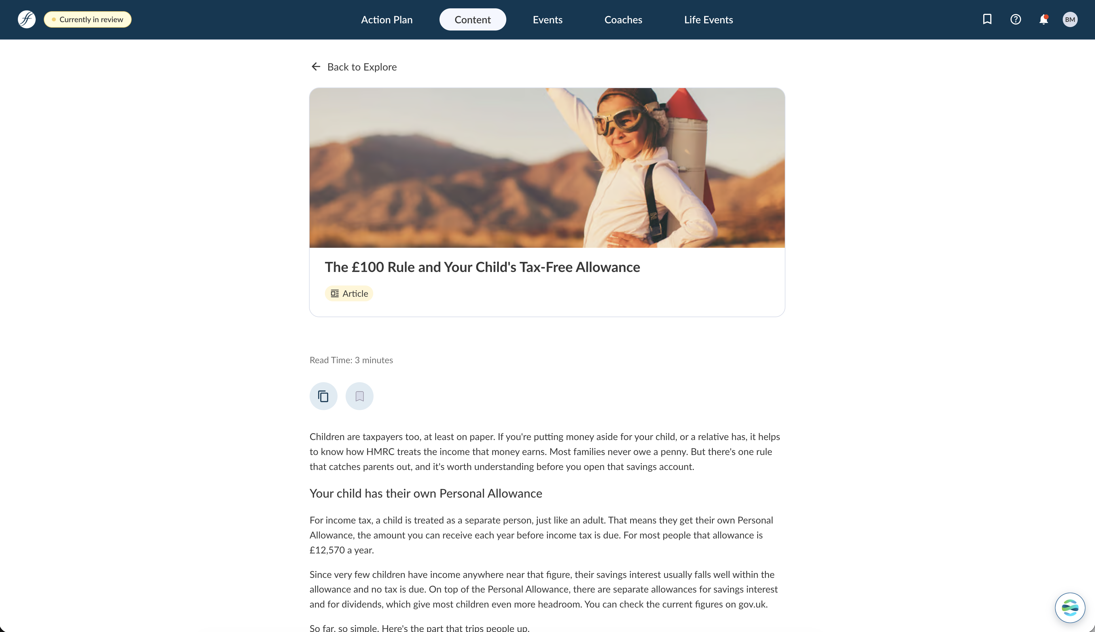 A localized article — The £100 Rule and Your Child's Tax-Free Allowance — published and live in the Financial Finesse member product for the UK market